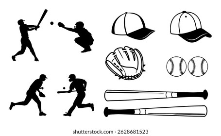 Baseball Illustration Clip Art Bundle Set, Baseball Cap ball And bat with gloves Silhouette Set.