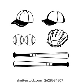 Baseball Illustration Clip Art Bundle Set, Baseball Cap ball And bat with gloves Silhouette Set,