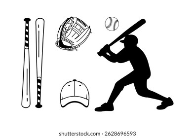 A Baseball Illustration Clip Art Bundle Set,Baseball Cap ball And bat with gloves Silhouette Set.