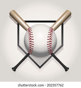 A Baseball Illustration Made For A Ball And Two Crossed Bats Over Home Plate. Vector EPS Contains Transparencies And Gradient Mesh.