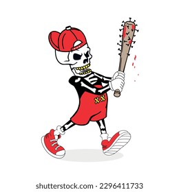 Baseball image vector. Skull man playing baseball vector. Bones shirt. Hit the ball. Skull shirt. Sport character. Skull with red hat