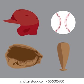 Baseball images of helmet, bat, ball, and mitt vector clip art.