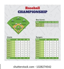 Baseball infographics with tables of points and players' positions on the field. On a seamless pattern. Vector graphics. Elements of infographics for baseball statistics