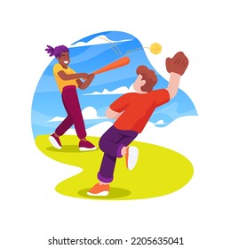 Baseball Isolated Cartoon Vector Illustration. Public Baseball Court, Adults And Teens Playing Game Together, Hit The Ball With A Bat, Community, Suburban Houses On Background Vector Cartoon.