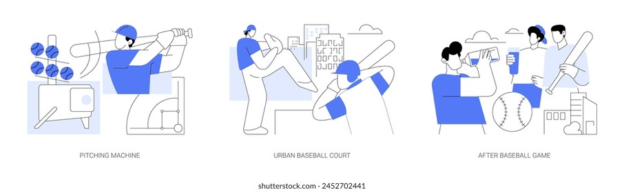 Baseball isolated cartoon vector illustrations set. Pitching machine training tool, diverse young people play baseball on the court, boys have rest after the game, drink water vector cartoon.