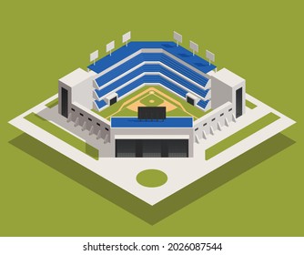 Baseball isometric composition with isolated view of stadium building with stands and seats with ball field vector illustration