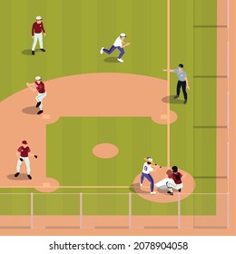 Baseball isometric composition with top view of ball field with human characters of players and referee vector illustration