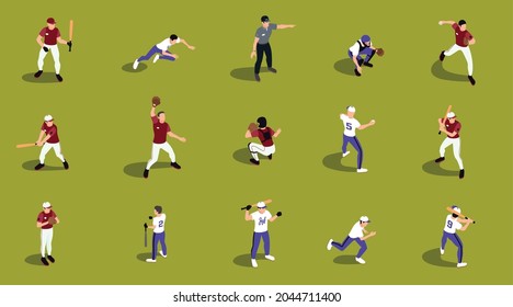 Baseball isometric set of isolated icons with human characters of ball players in various playing positions vector illustration