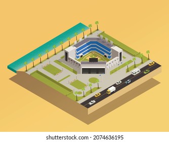 Baseball isometric set with view of city block with coast motorway and ball field on stadium vector illustration