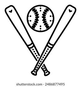 Artículos de béisbol, dos bates cruzados y pelota. Ilustración monocroma de Vector, ícono de accesorios deportivos, trazo editable