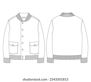 Baseball jacket illustration, Varsity jacket illustration vector, template, mockup, flat design, technical drawing