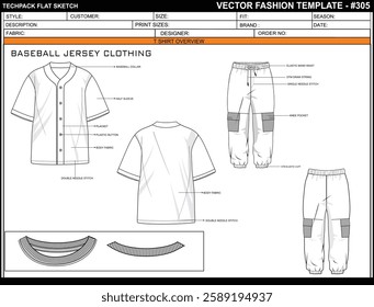 BASEBALL JERSEY CLOTHING SKETCH FASHION TEMPLATE TECHNICAL DRAWING ILLUSTRATION