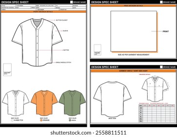 BASEBALL JERSEY EASY EDITABLE EMPTY TECHPACK MEASUREMENT LAYOUT TEMPLATE DESIGN