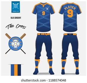 Baseball jersey, pants and socks template design. Blue gradient and cross stripe baseball uniform t-shirt mock up. Raglan t-shirt sport in front and back view. Flat baseball logo design. Vector.