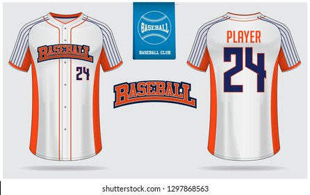 Baseball Jersey Or Raglan T-shirt Sport Template Design. Baseball Shirt Mock Up. Front And Back View Baseball Uniform. Flat Baseball Logo On Blue Label. Vector Illustration.