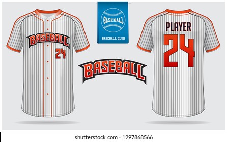 Baseball jersey or raglan t-shirt sport template design. Baseball shirt mock up. Front and back view baseball uniform. Flat baseball logo on blue label. Vector Illustration.