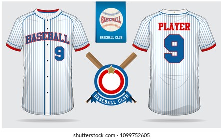 Baseball jersey, sport uniform, raglan t-shirt sport, short, sock template. Baseball t-shirt mock up. Front and back view baseball uniform. Flat baseball logo on blue label. Vector Illustration.