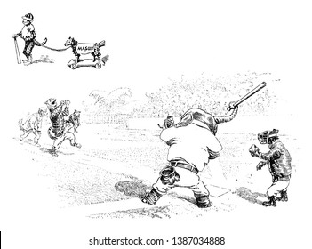 Baseball in Jungleville 1, this scene shows an animals in human dresses and playing baseball in jungle, an elephant holding bat in trunk and tiger holding ball, vintage line drawing or engraving