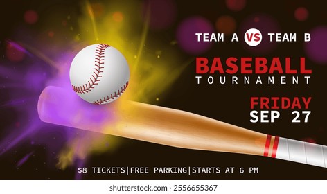 Baseball kick. Championship banner, professional tournament sport invitation, realistic 3d wooden bats and leather ball. Black background. Competition backdrop. Flyer athletic vector concept