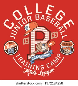 Baseball kids college league champ, vector artwork for children wear with print and embroidery applique patch