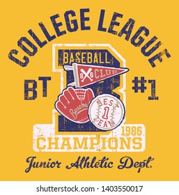 Baseball kids college league champ vector artwork for children wear grunge effect in separate layer