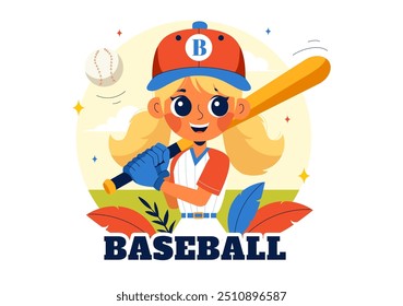 A Baseball Kids Player in Uniform is Throwing, Catching, or Hitting a Ball with Bats and Gloves on a Court Stadium in a Cartoon Vector Illustration