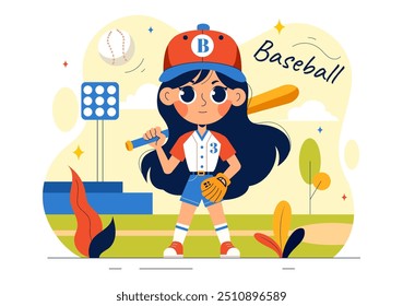 A Baseball Kids Player in Uniform is Throwing, Catching, or Hitting a Ball with Bats and Gloves on a Court Stadium in a Cartoon Vector Illustration