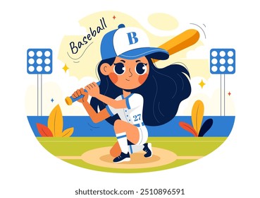 A Baseball Kids Player in Uniform is Throwing, Catching, or Hitting a Ball with Bats and Gloves on a Court Stadium in a Cartoon Vector Illustration