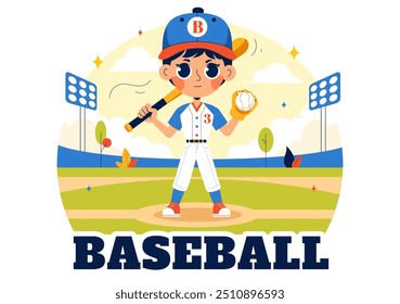 A Baseball Kids Player in Uniform is Throwing, Catching, or Hitting a Ball with Bats and Gloves on a Court Stadium in a Cartoon Vector Illustration