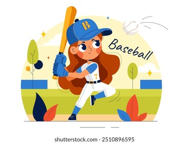 A Baseball Kids Player in Uniform is Throwing, Catching, or Hitting a Ball with Bats and Gloves on a Court Stadium in a Cartoon Vector Illustration