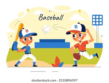 Un jugador de béisbol con uniforme infantil lanza, atrapa o golpea una pelota con bates y guantes en un estadio de la cancha en una Ilustración vectorial de dibujos animados