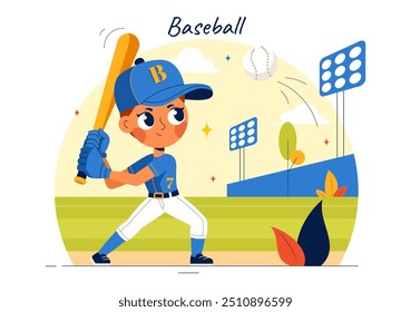 A Baseball Kids Player in Uniform is Throwing, Catching, or Hitting a Ball with Bats and Gloves on a Court Stadium in a Cartoon Vector Illustration