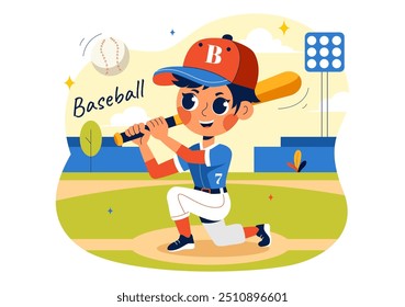A Baseball Kids Player in Uniform is Throwing, Catching, or Hitting a Ball with Bats and Gloves on a Court Stadium in a Cartoon Vector Illustration