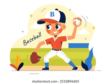 A Baseball Kids Player in Uniform is Throwing, Catching, or Hitting a Ball with Bats and Gloves on a Court Stadium in a Cartoon Vector Illustration