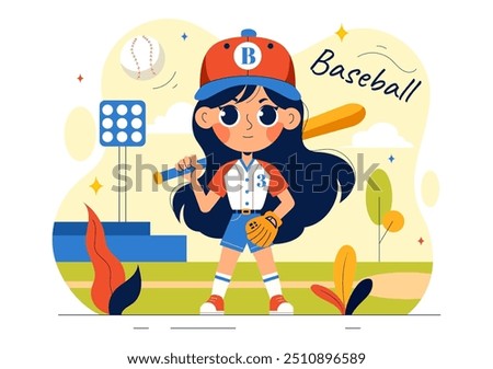 A Baseball Kids Player in Uniform is Throwing, Catching, or Hitting a Ball with Bats and Gloves on a Court Stadium in a Cartoon Vector Illustration