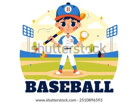 A Baseball Kids Player in Uniform is Throwing, Catching, or Hitting a Ball with Bats and Gloves on a Court Stadium in a Cartoon Vector Illustration