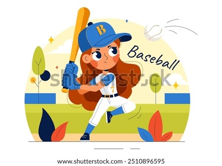 A Baseball Kids Player in Uniform is Throwing, Catching, or Hitting a Ball with Bats and Gloves on a Court Stadium in a Cartoon Vector Illustration