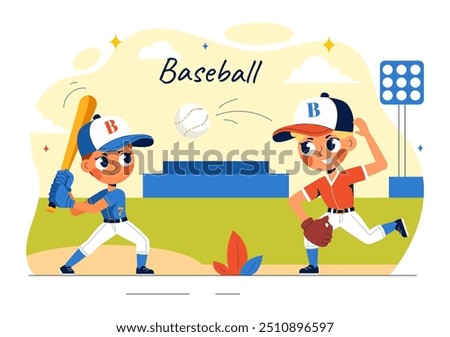 A Baseball Kids Player in Uniform is Throwing, Catching, or Hitting a Ball with Bats and Gloves on a Court Stadium in a Cartoon Vector Illustration