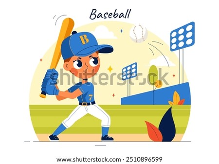 A Baseball Kids Player in Uniform is Throwing, Catching, or Hitting a Ball with Bats and Gloves on a Court Stadium in a Cartoon Vector Illustration