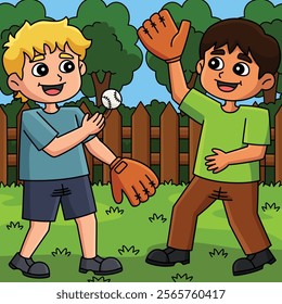 Baseball Kids Playing Catch Ball Colored Cartoon 