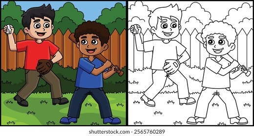 Baseball Kids Playing Coloring Page Illustration