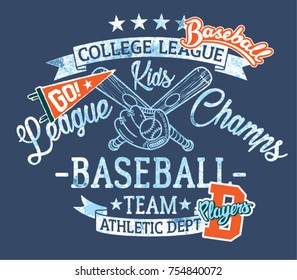 Baseball kids team  league champs, vector print for children wear with embroidery patches grunge effect in separate layer