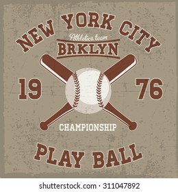 Baseball label with ball and bats in the center, t-shirt design, dusty background