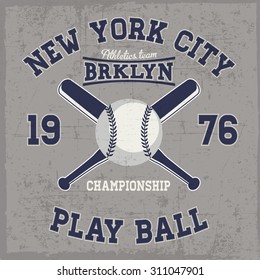 Baseball label with ball and bats in the center, t-shirt design, dusty background