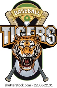 Baseball label. Bat and ball baseball. Angry tiger face.