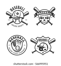 Baseball labels badges emblems logos set. Baseball glove, bat, helmet and cap. National american sport. Creepy skull drawing. Vector vintage illustration.