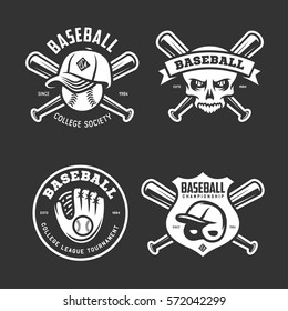 Baseball labels badges emblems logos set. Baseball glove, bat, helmet and cap. National american sport. Creepy skull drawing. Vector vintage illustration.