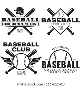 Baseball labels badges logos set. National american sport. Vector vintage illustration. Emblems with balls and crossed bats. Sports club emblems. Design for team badge.