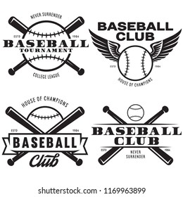 Baseball labels badges logos set. National american sport. Vector vintage illustration. Emblems with balls and crossed bats. Sports club emblems. Design for team badge.
