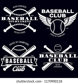 Baseball labels badges logos set. National american sport. Vector vintage illustration. Emblems with balls and crossed bats. Sports club emblems. Design for team badge.